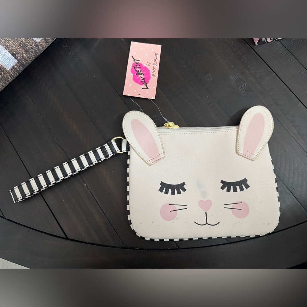 Betsey Johnson Cream & Pink Bunny Wristlet with Black-White Stripe Easter new